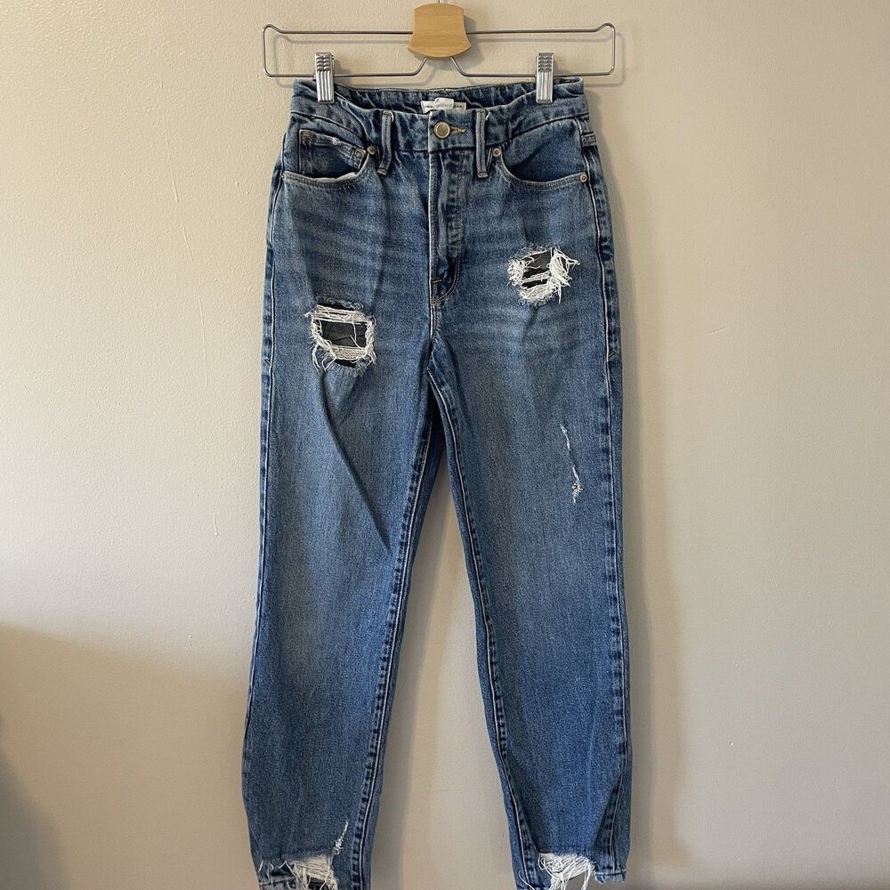 Good American Good Boy Straight Jeans Indigo Distressed Sz 24